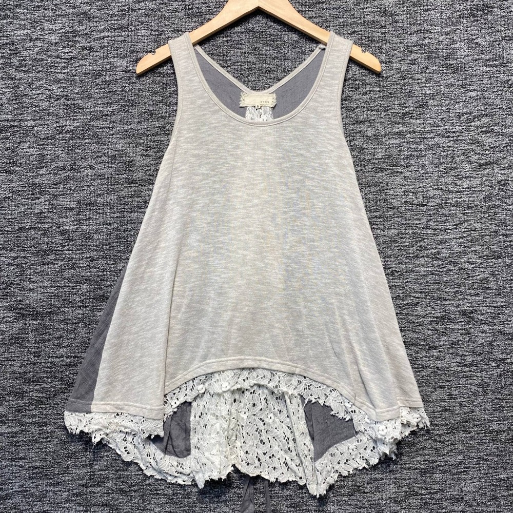 a'reve Boho Lace Trim Swing Tank Top Womens Small Gray Mixed Media Whimsical